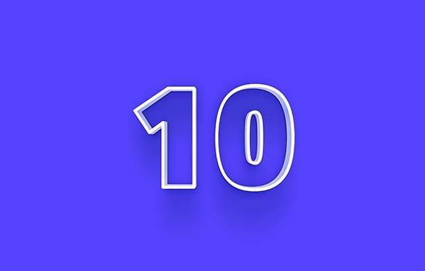 raised number ten appears on a stark blue background.