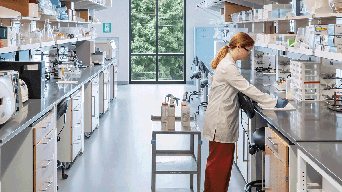 A female student works inside the lab of Lehigh University's Health, Science, and Technology building