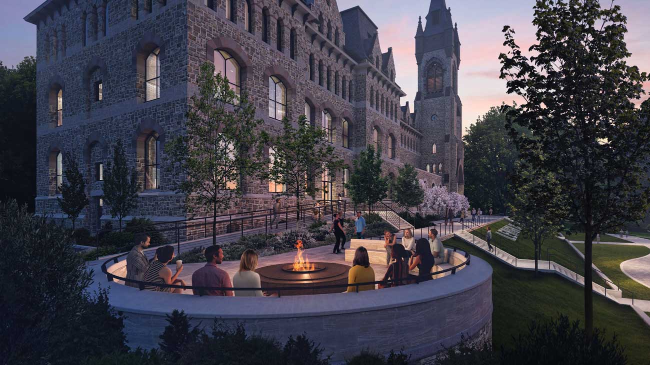 Exterior render of the Clayton University Center firepit at sunset.