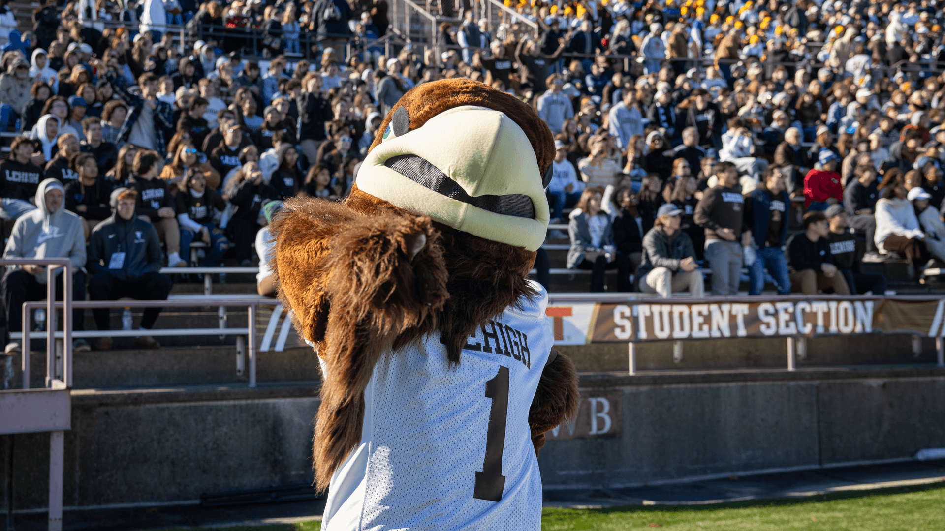 Clutch, the Lehigh University mascot, points at the camera with a crowd of football fans in the stands behind him.