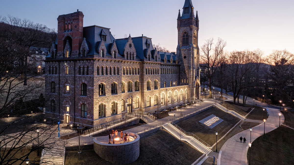 Exterior aerial view of the Clayton University Center at Lehigh University during a sunset.