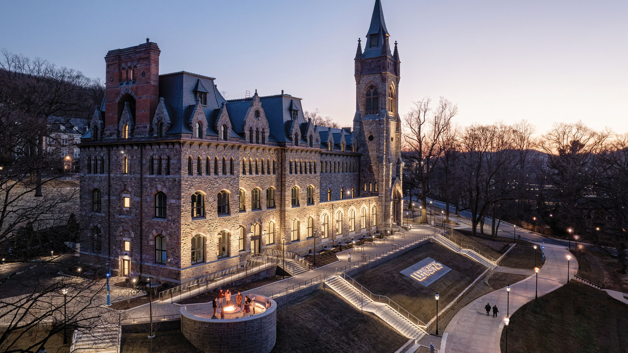 Exterior view of the Clayton University Center at Lehigh University at night