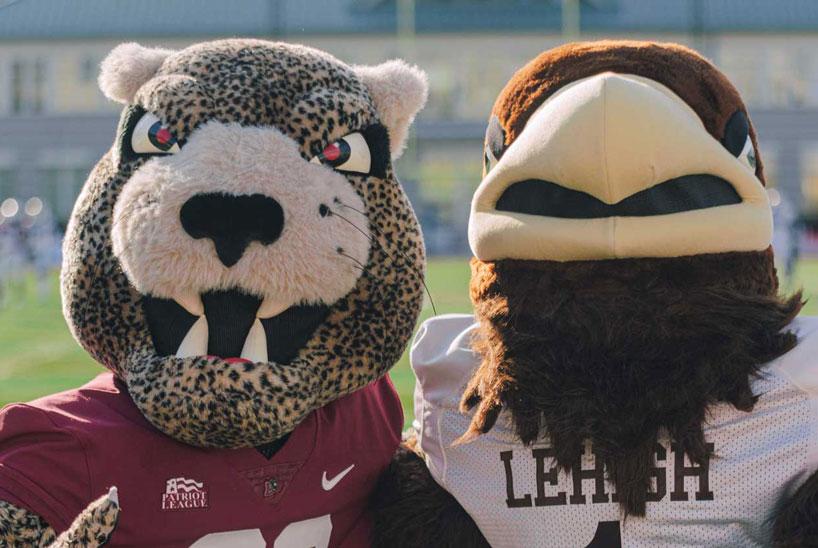 Clutch the Mountain Hawk and Roary the Leopard pose together on a football field.