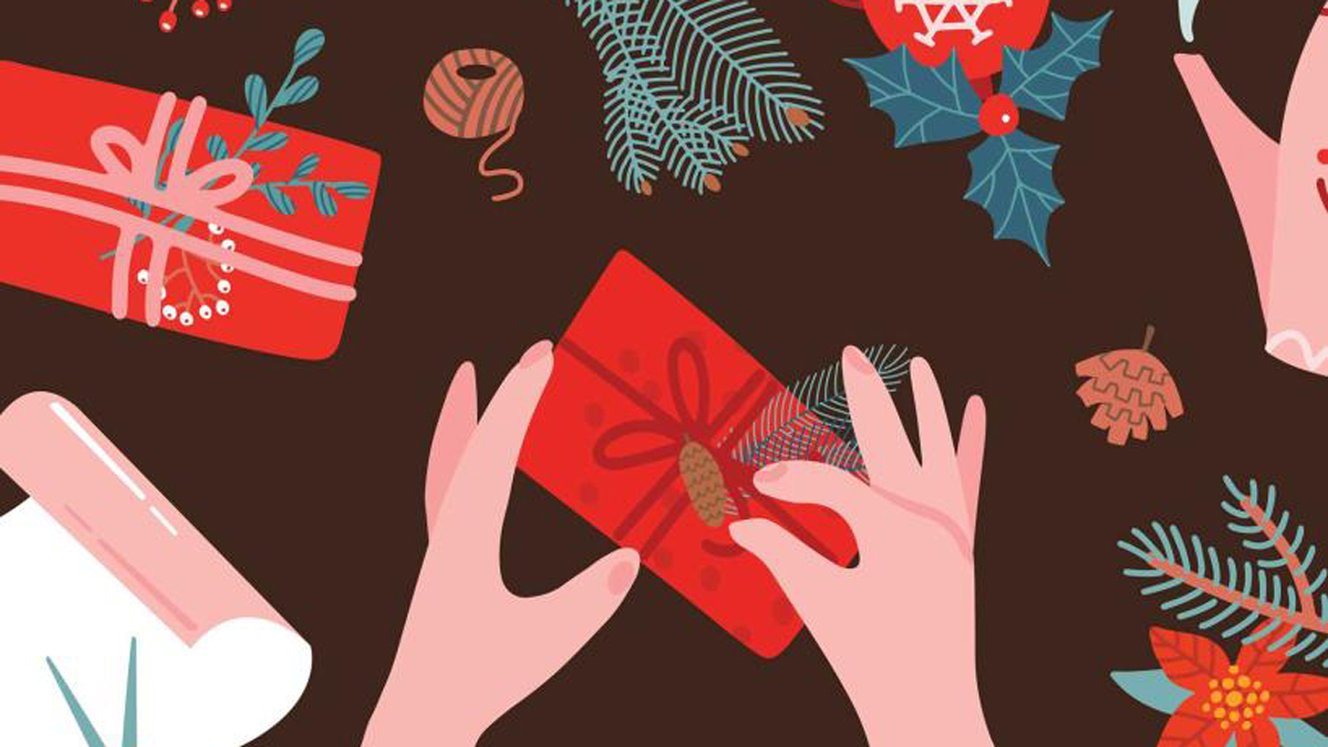 Digital illustration of hands unwrapping a present.