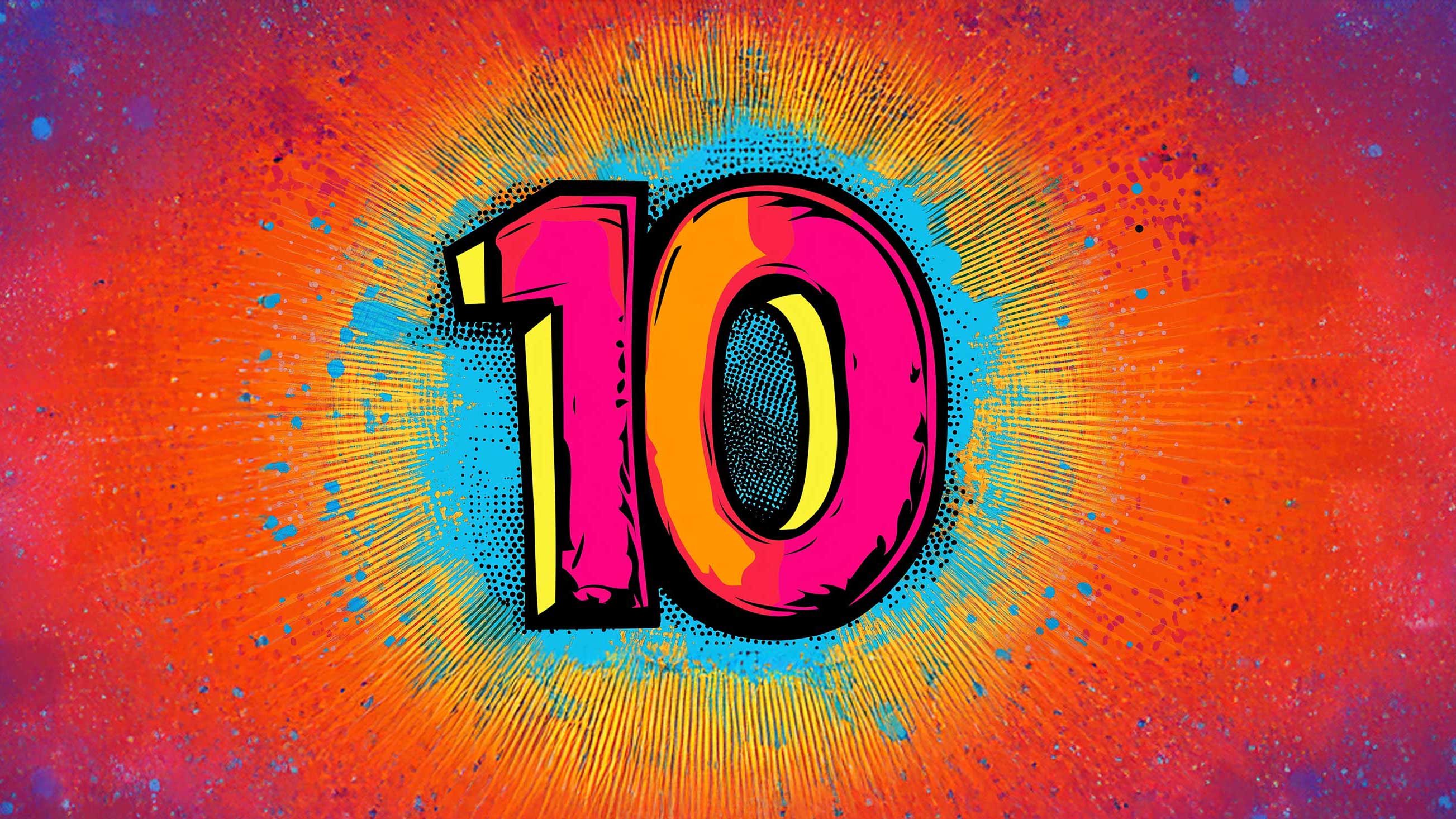 Graffiti number "10" on a background of exploding color burst.