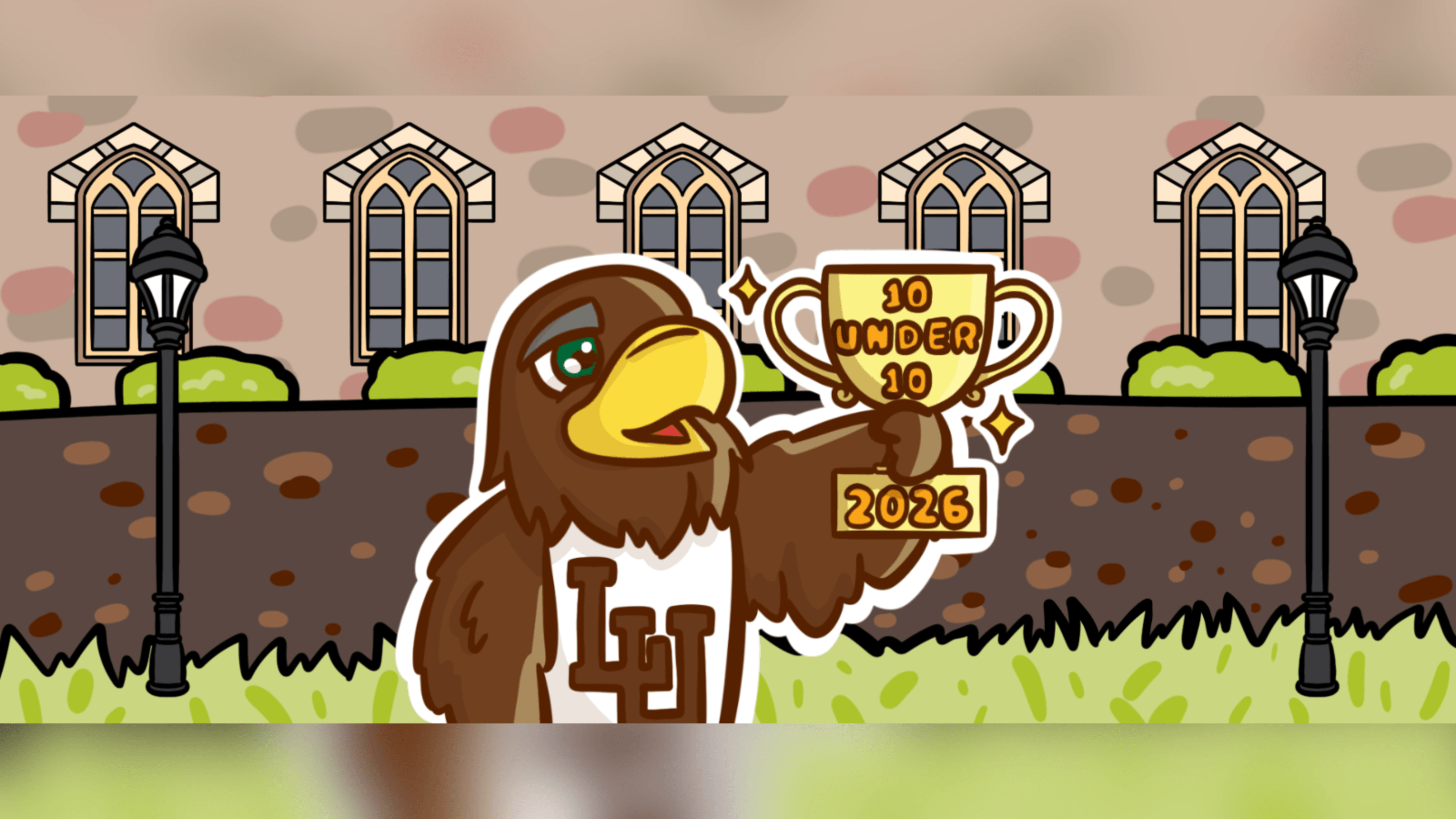 Drawing depicts Clutch smiling in a LU jersey and holding a gleaming '10 Under 10' trophy with the UC lawn in the background.