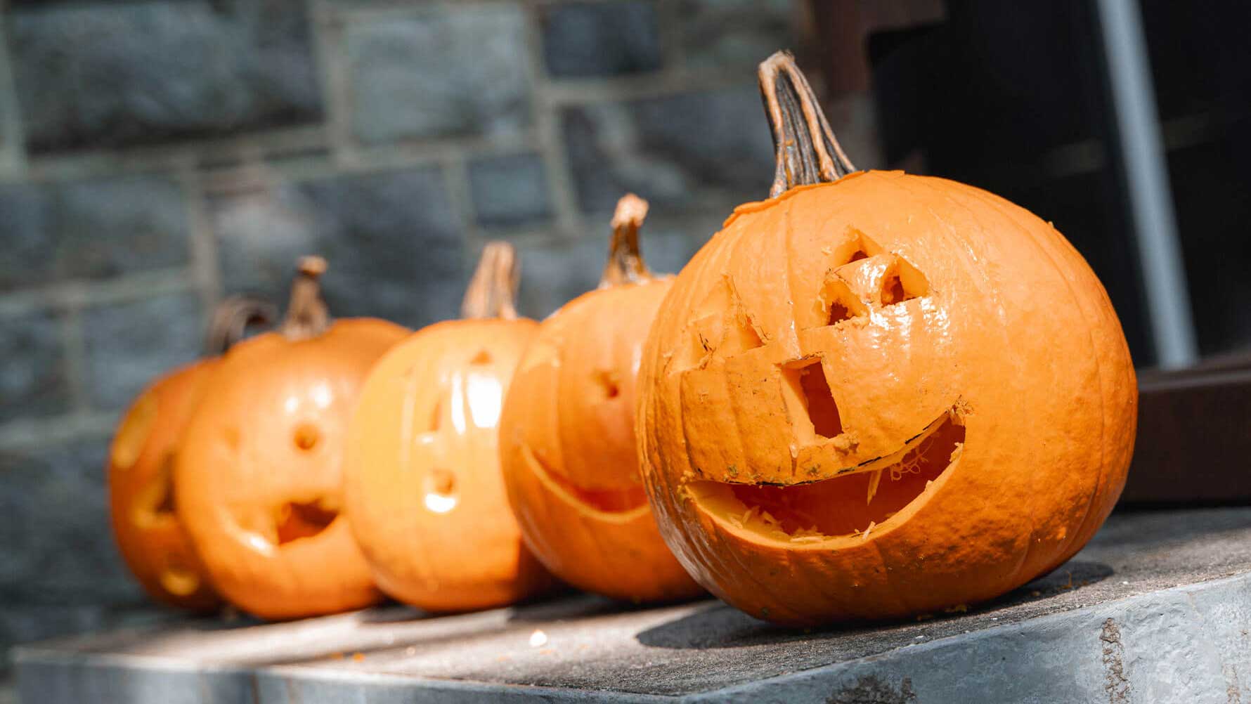 Four carved pumpkins with different smiling faces are lined up outdoors on a stone ledge, with a brick wall in the background.