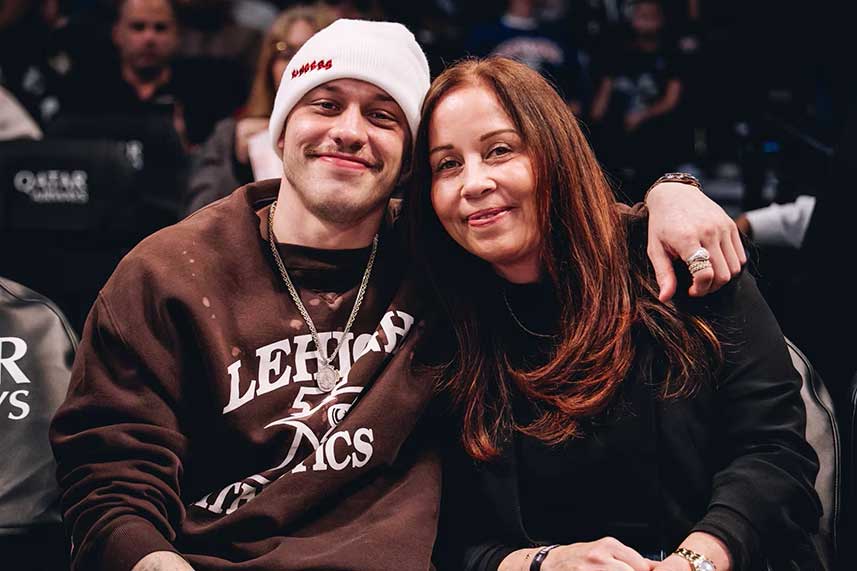 Pete Davidson wearing a brown and white Lehigh Athletics sweater.