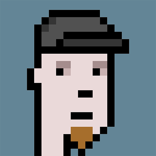 A pixel portrait of Caplan where he is wearing a black ball cap and has a brown beard.