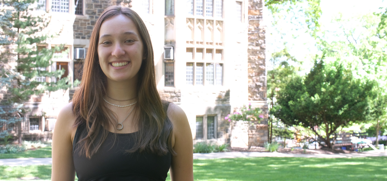 Sarah Wilhelm stands outside Packard Lab.