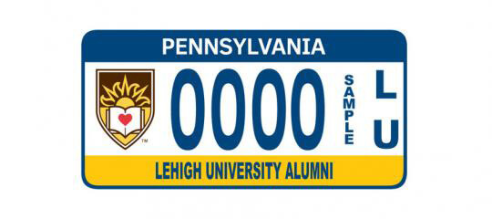 A digital sample of a Pennsylvania license plate featuring Lehigh University insignia.