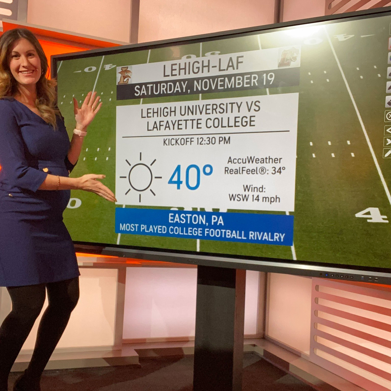 Ariella Scalese '14 forecasting the weather for the 2022 Lehigh-Lafayette Rivalry