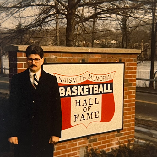 CJ Skender outside the Basketball Hall of Fame