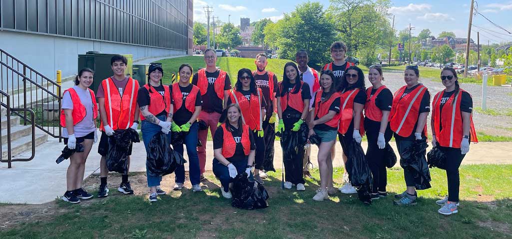 Lehigh university students, faculty, and staff gather for a group photo after picking up garbage in Bethlehem, PA.