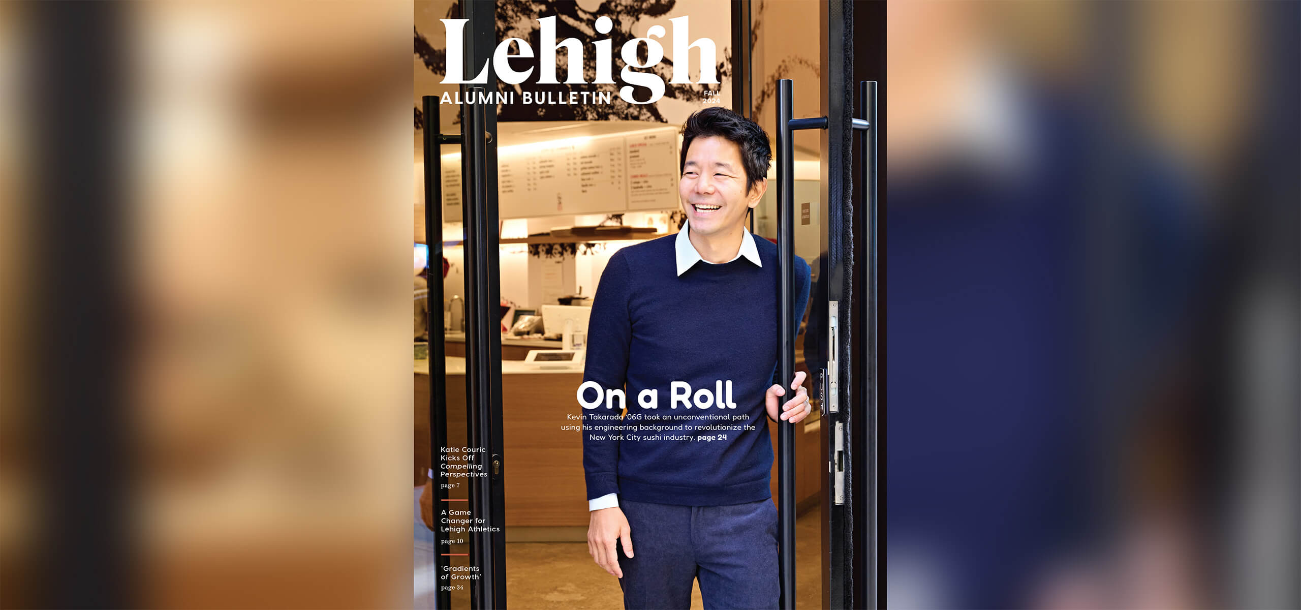 Kevin Takarada smiling at the front door of his restaurant for the cover the the Fall Alumni Bulletin.