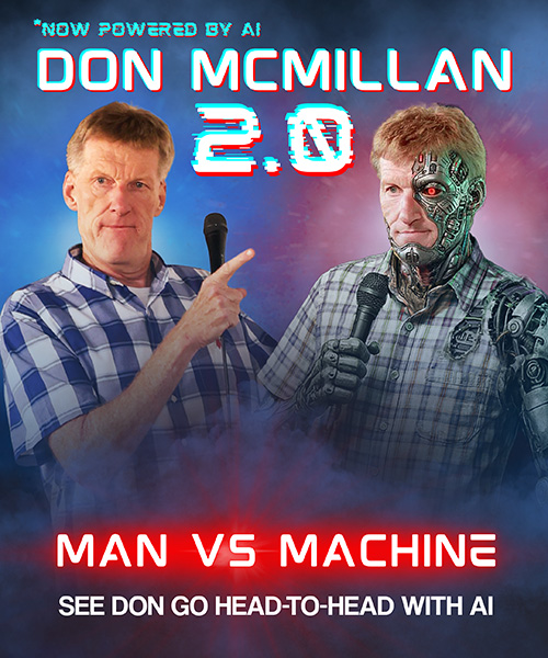 Don McMillan points at a cyborg Don on his tour poster