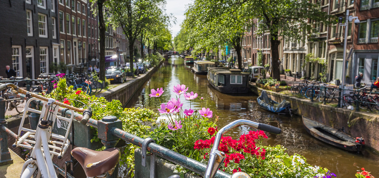 Rows of buildings surround a canal lined with little boats.