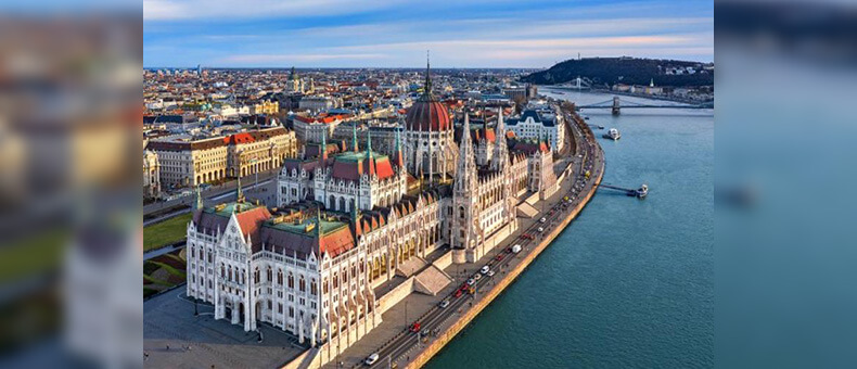 Aerial view of the Hungarian Parliament Building in Budapest, situated by the Danube River. 