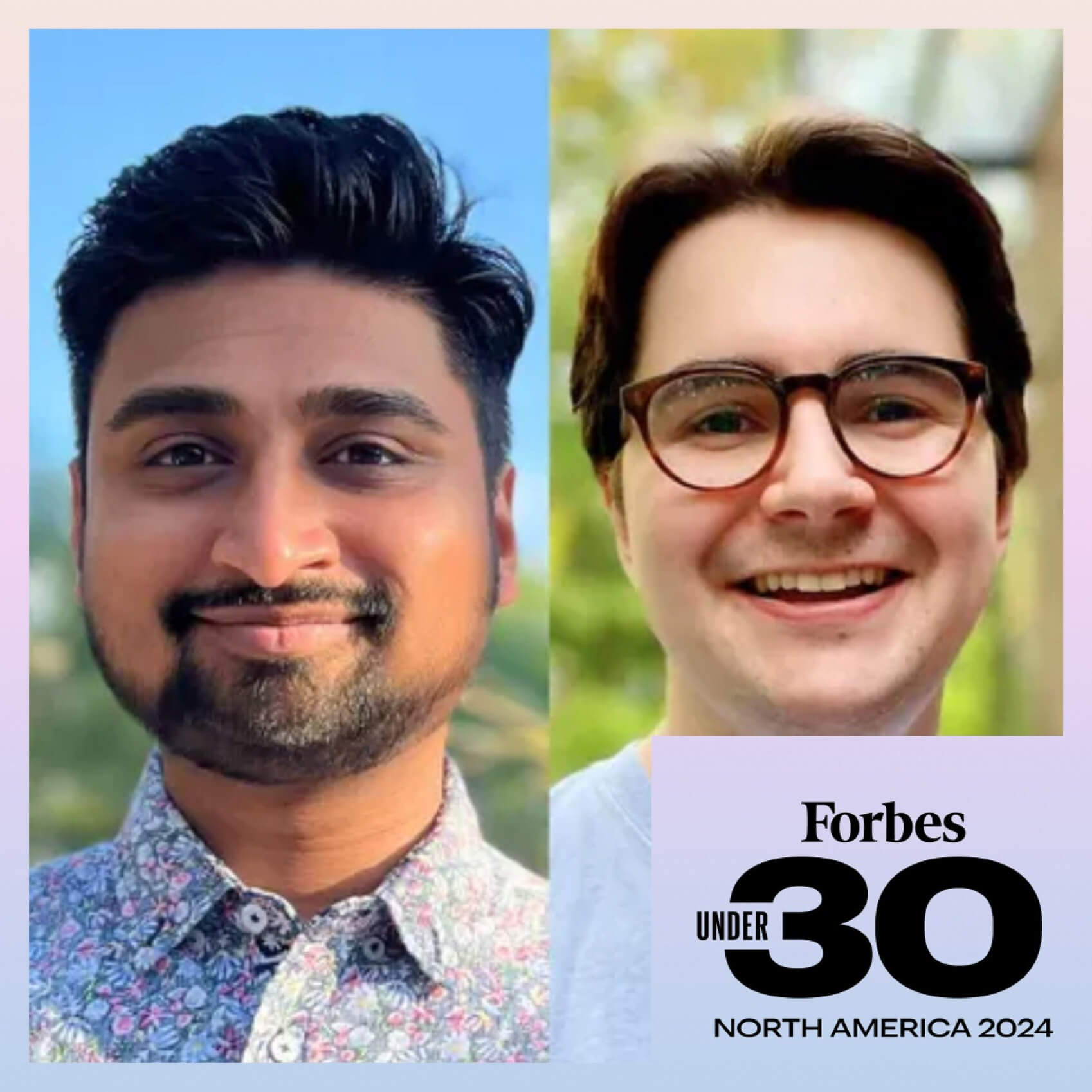 Graphic collage of Luba and his partner's headshots positioned side-by-side with the Forbes "Under 30" logo.