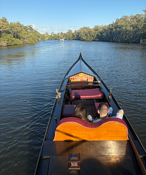 The view from the gondolier platform with the boat nose leading the way