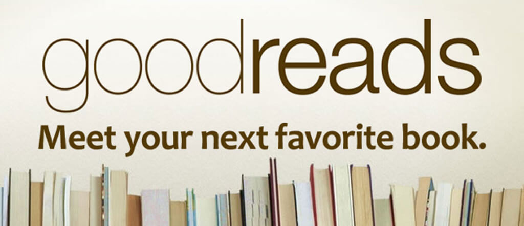 A close up of books on a shelf of different colors and sizes with “GoodReads” read across the top.