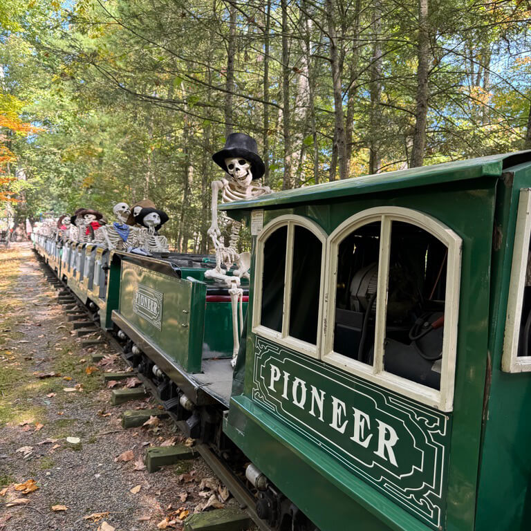 A classic green train that typically circles a theme park for visitors is filled with skeletons rather than people.