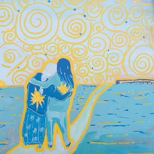 Abstract, colorful painting of two people walking arm in arm down a blue path with a yellow swirly sky