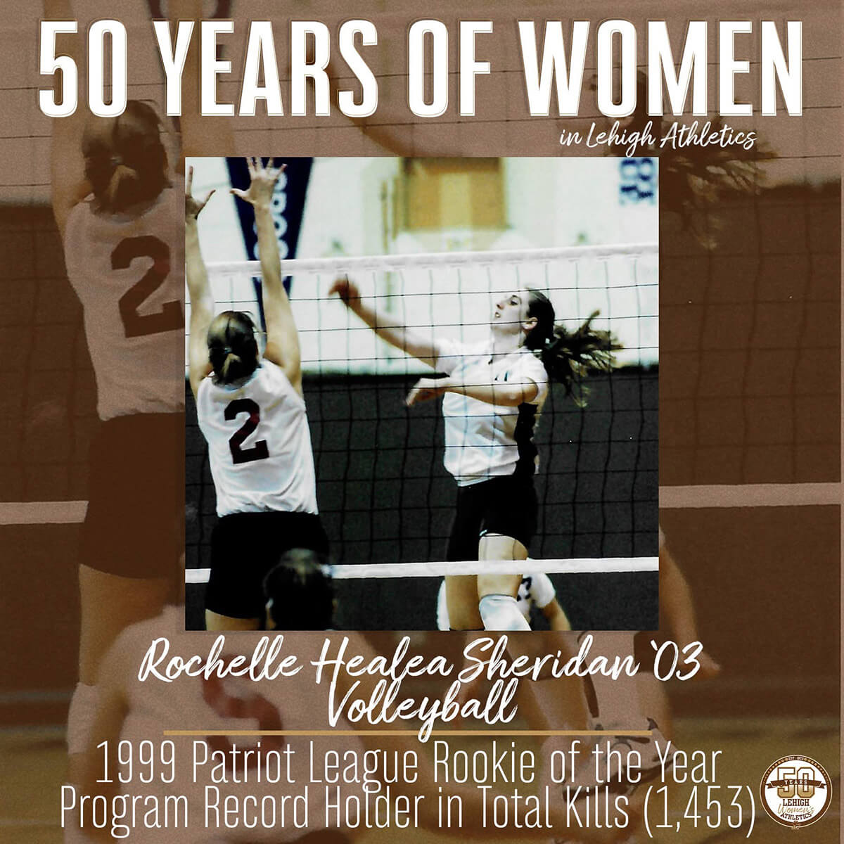 A square graphic highlights a photo of Rochelle Sheridan as a collegiate volleyball star, noting her Rookie of the year recognition and record of total kills.