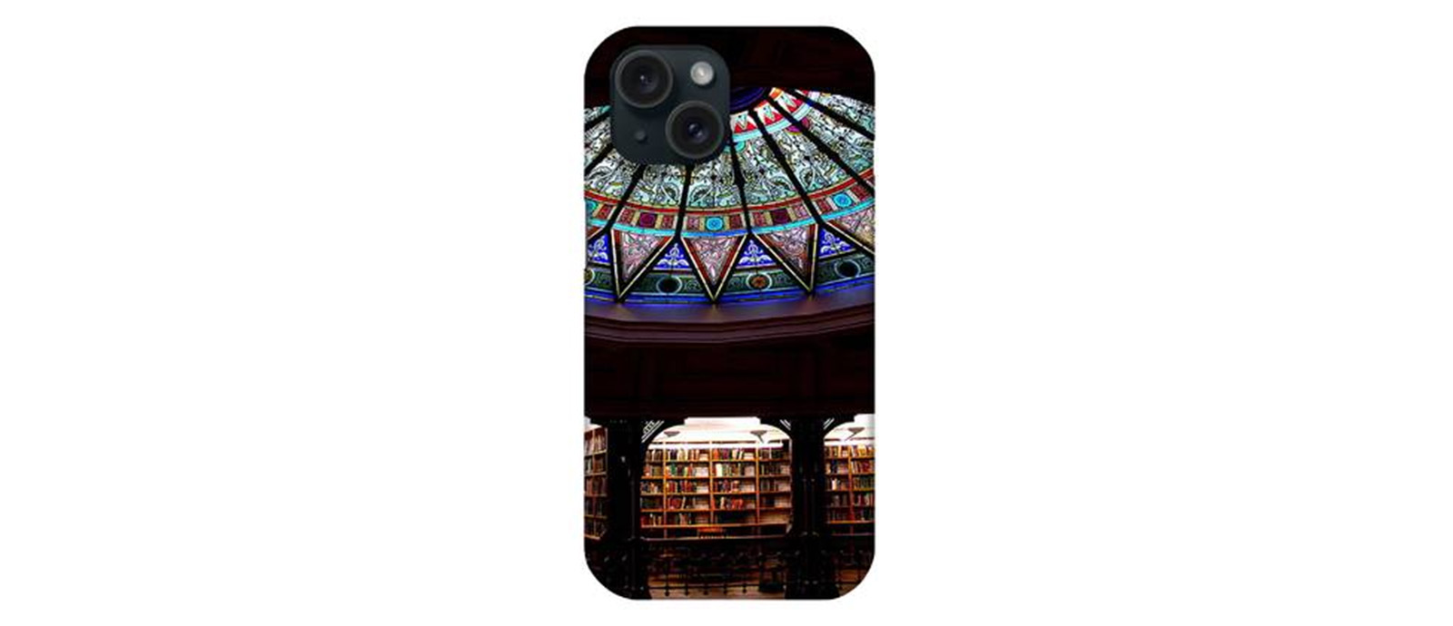 The back of an Iphone case with Linderman Library rotunda printed on it