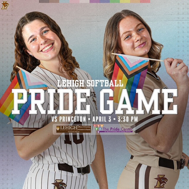 Two softball players, holding pride flags behind text reading 