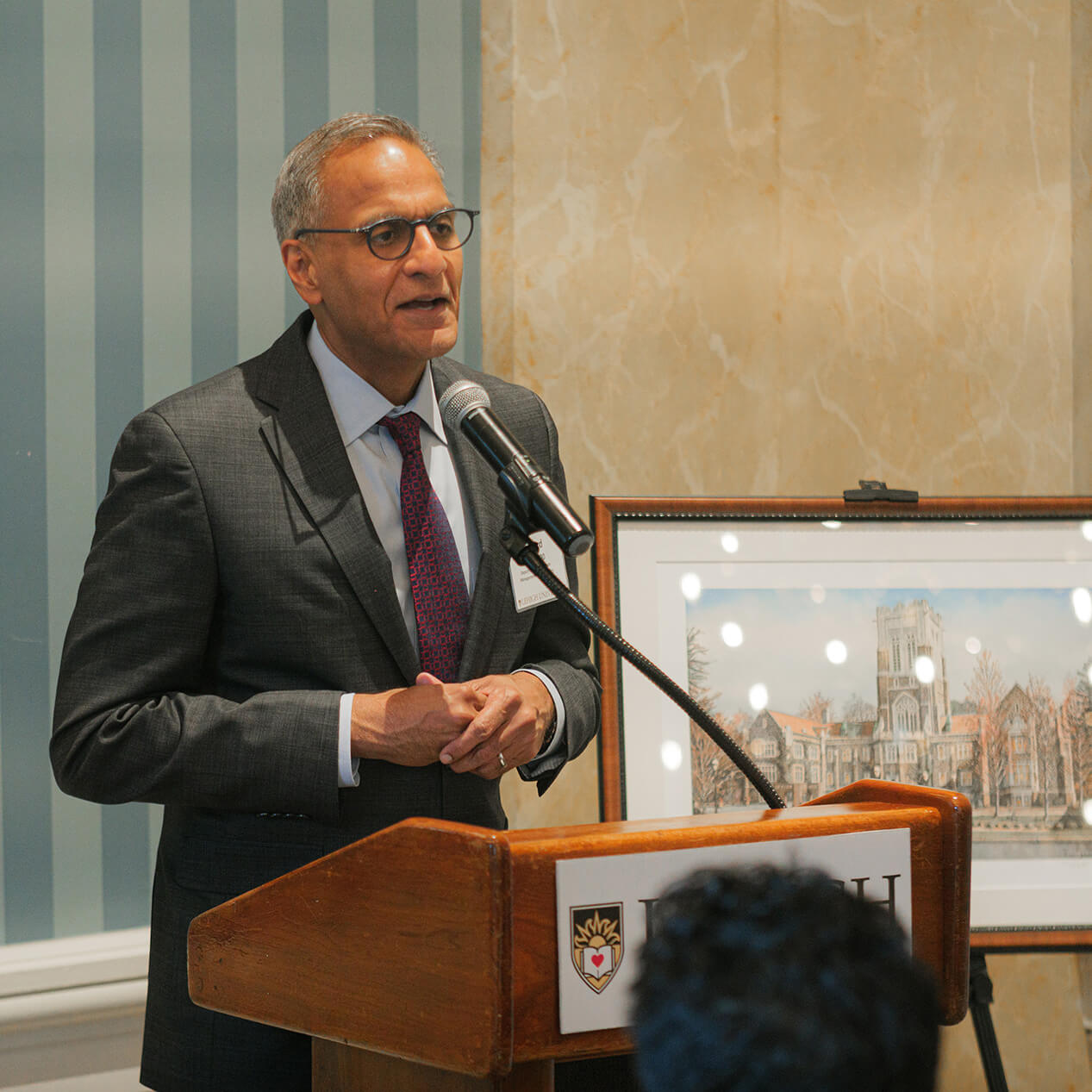 Richard Verma stands at a Lehigh branded podium, speaking into a long stationary microphone with artwork behind him signifying his award.