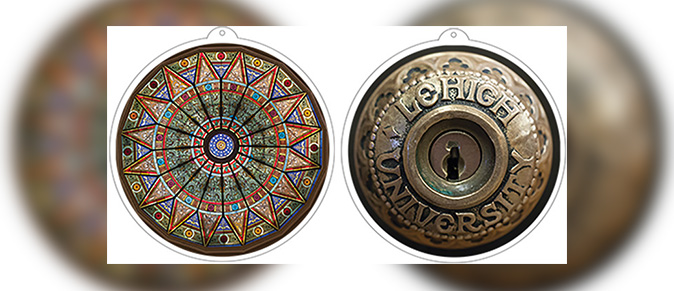Left: an ornament showcasing the Linderman Rotunda; Right: an ornament featuring an engraved Lehigh University doorknob.