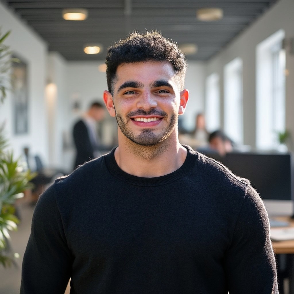 Traina smiles in a well-lit office with warm light filtering in. He wears a black, long-sleeve shirt; behind him people work.