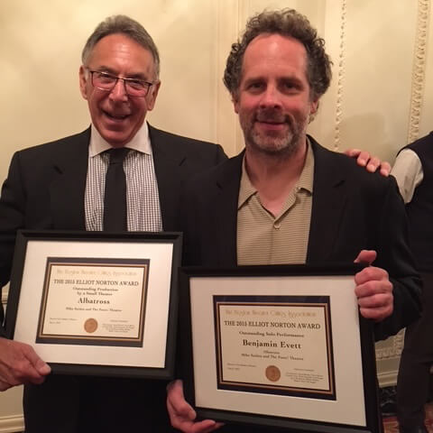 Michael and Ben hold awards from the Boston Theater Critics Association Awards Ceremony.