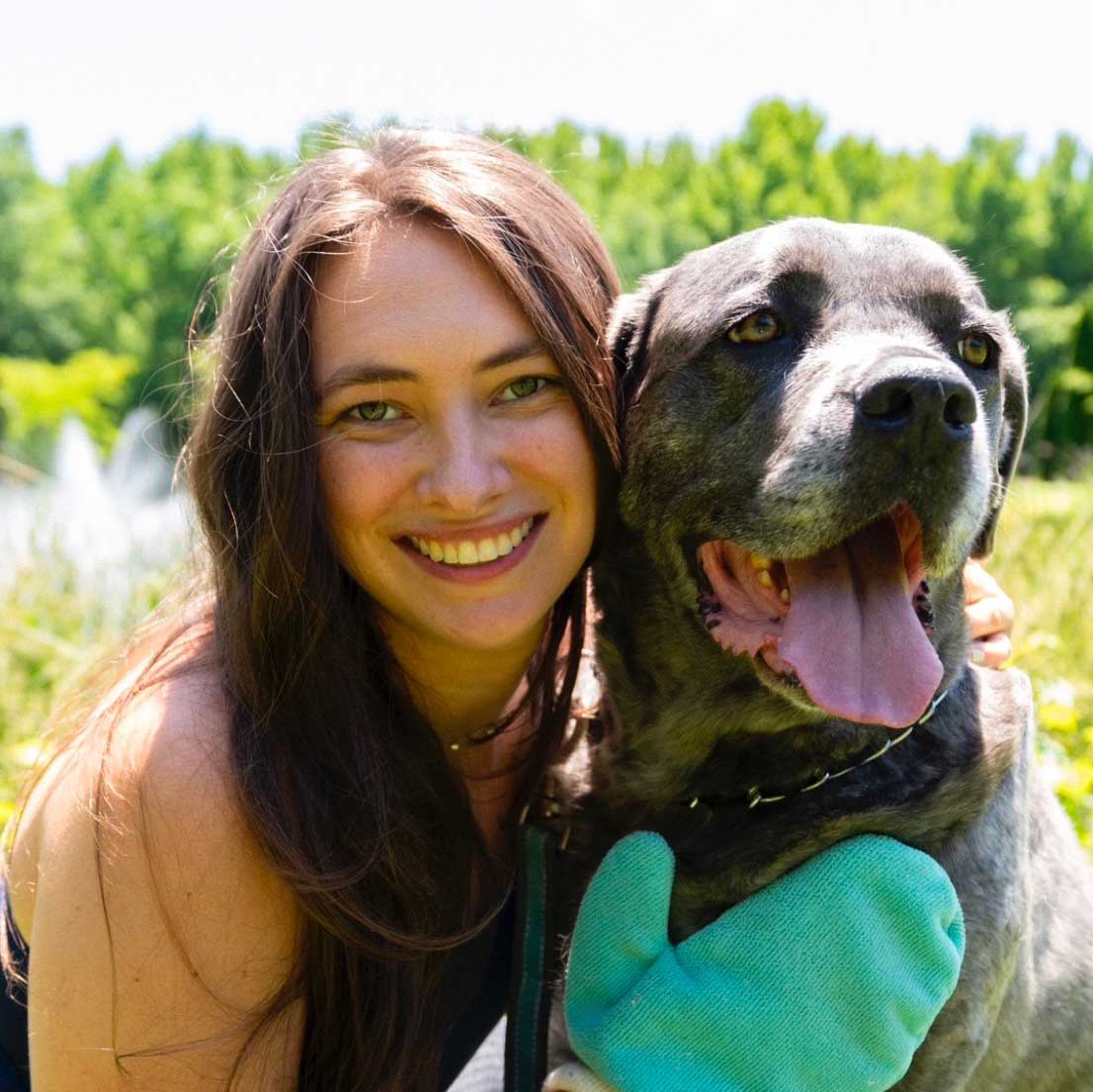 Olivia Abrams holds a dog while brushing the pet with a mitten