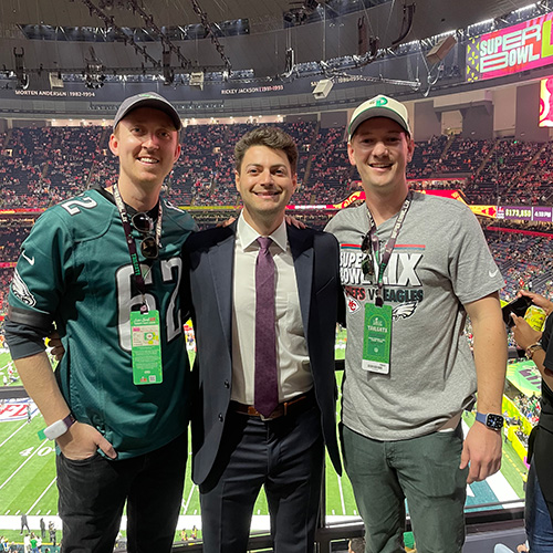 Ollie Auerbach at Super Bowl LIX with ATO Fraternity brothers 
