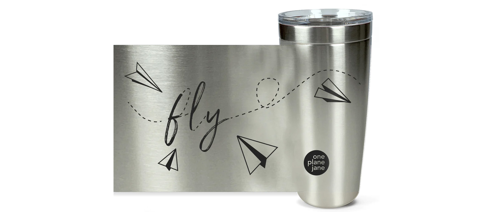 A thermal coffee mug edited to show the wrapped paper airplane design