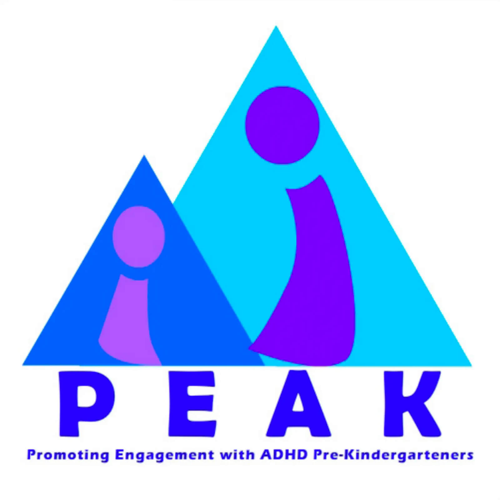 An illustrated logo that reads “PEAK - Promoting Engagement with ADHD pre-Kindergerteners” under a graphic with 2 blue triangles, one smaller than the other.