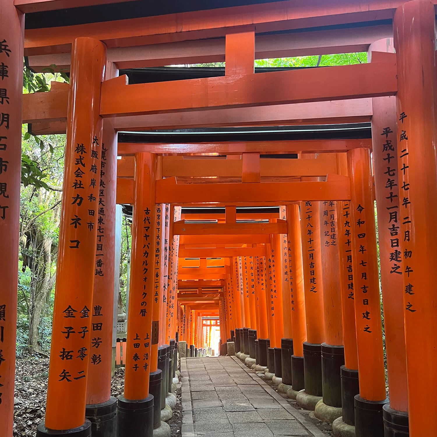 A concrete paver path lined with a series of orange steel structures above it, each featuring Japanese script. 