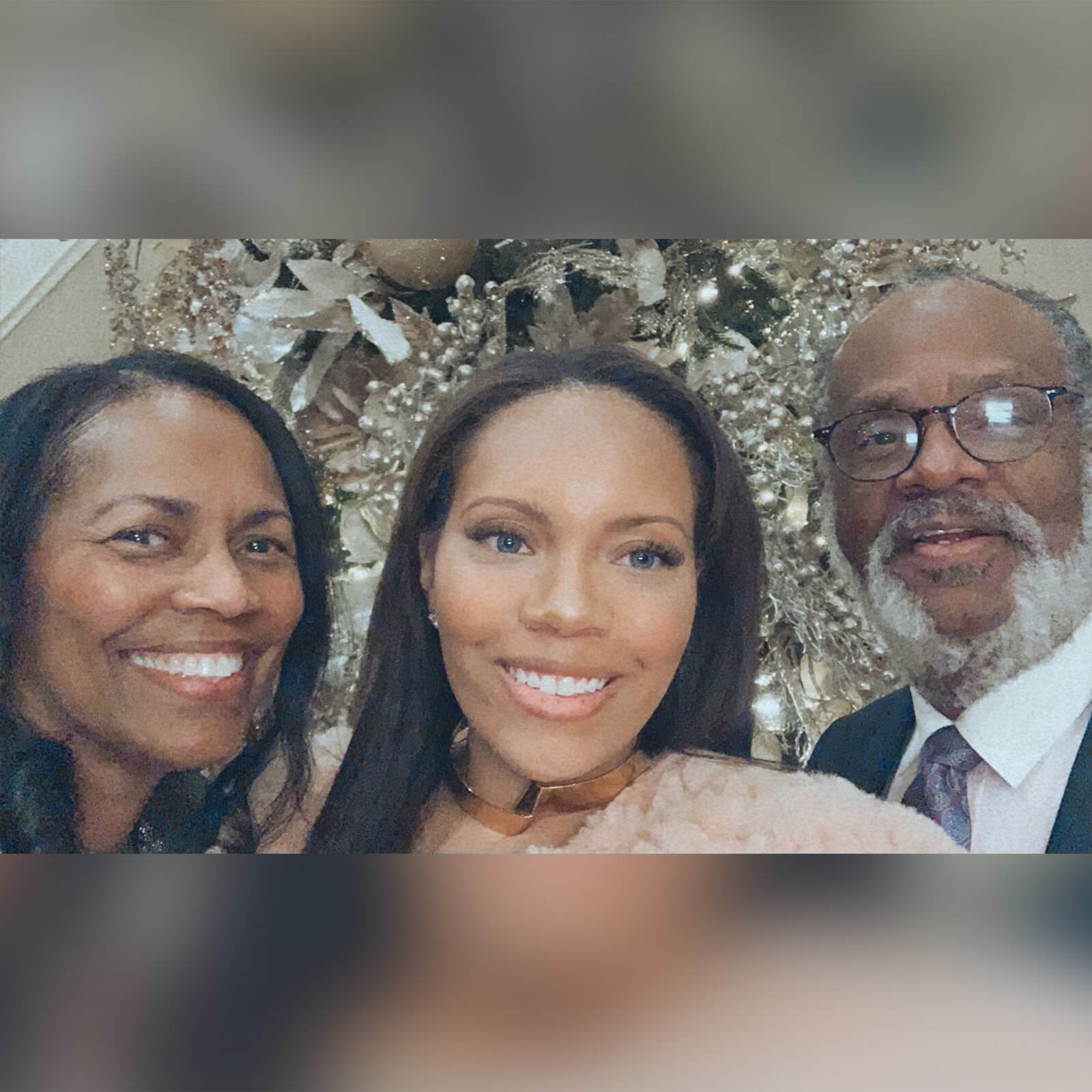 A father, mother, and adult daughter pose for a photo at a formal event, with a sparkly wreath behind them.