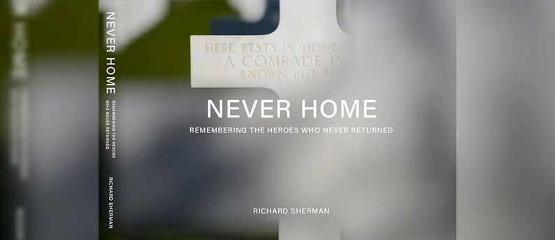 The cover of Sherman’s book “Never Home,” featuring a close up of a grave marker from Arlington National Cemetery.