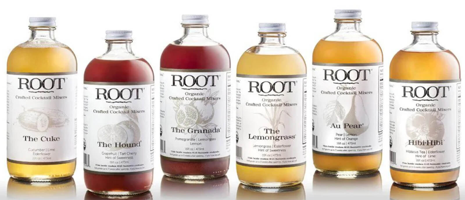 Six glass bottles of Root cocktail mixers of different flavors