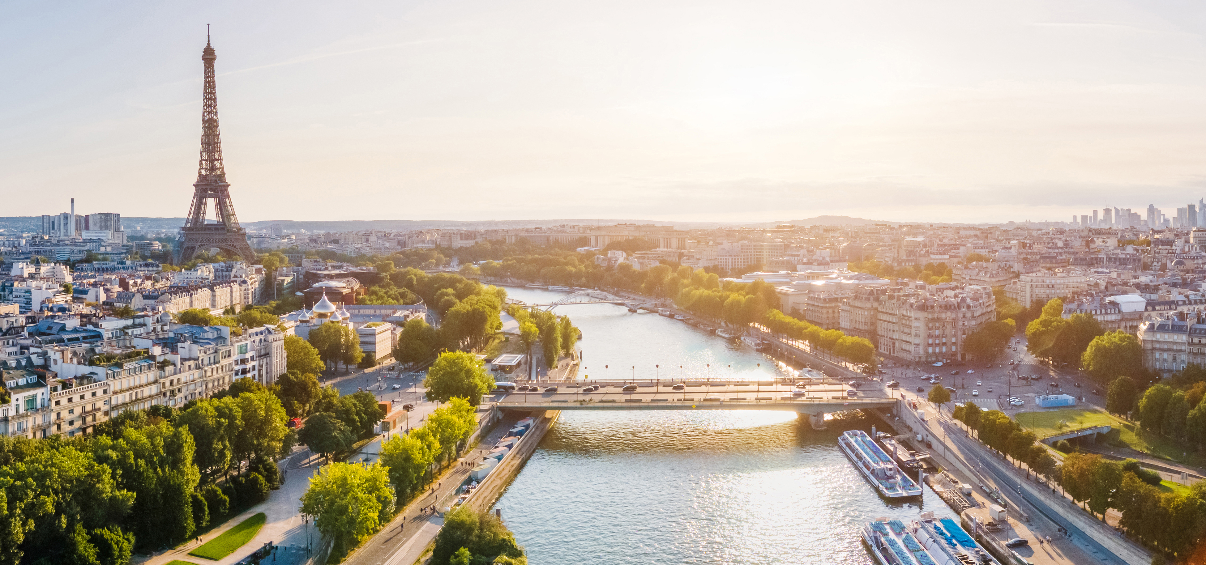 An aerial view of the Seine River on a sunny day.
