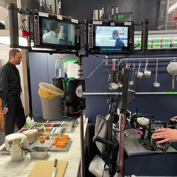 Behind the scenes of the filming of the FX show The Bear during a kitchen scene