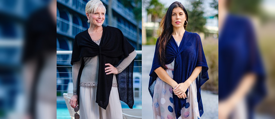 Woman wearing black wrap over a gray shirt and pants. Right: Woman wearing a blue wrap over a white dress with blue dots.