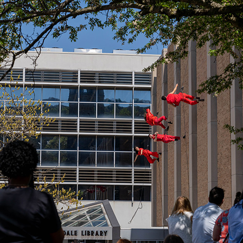 Bandaloop performs on a Lehigh library