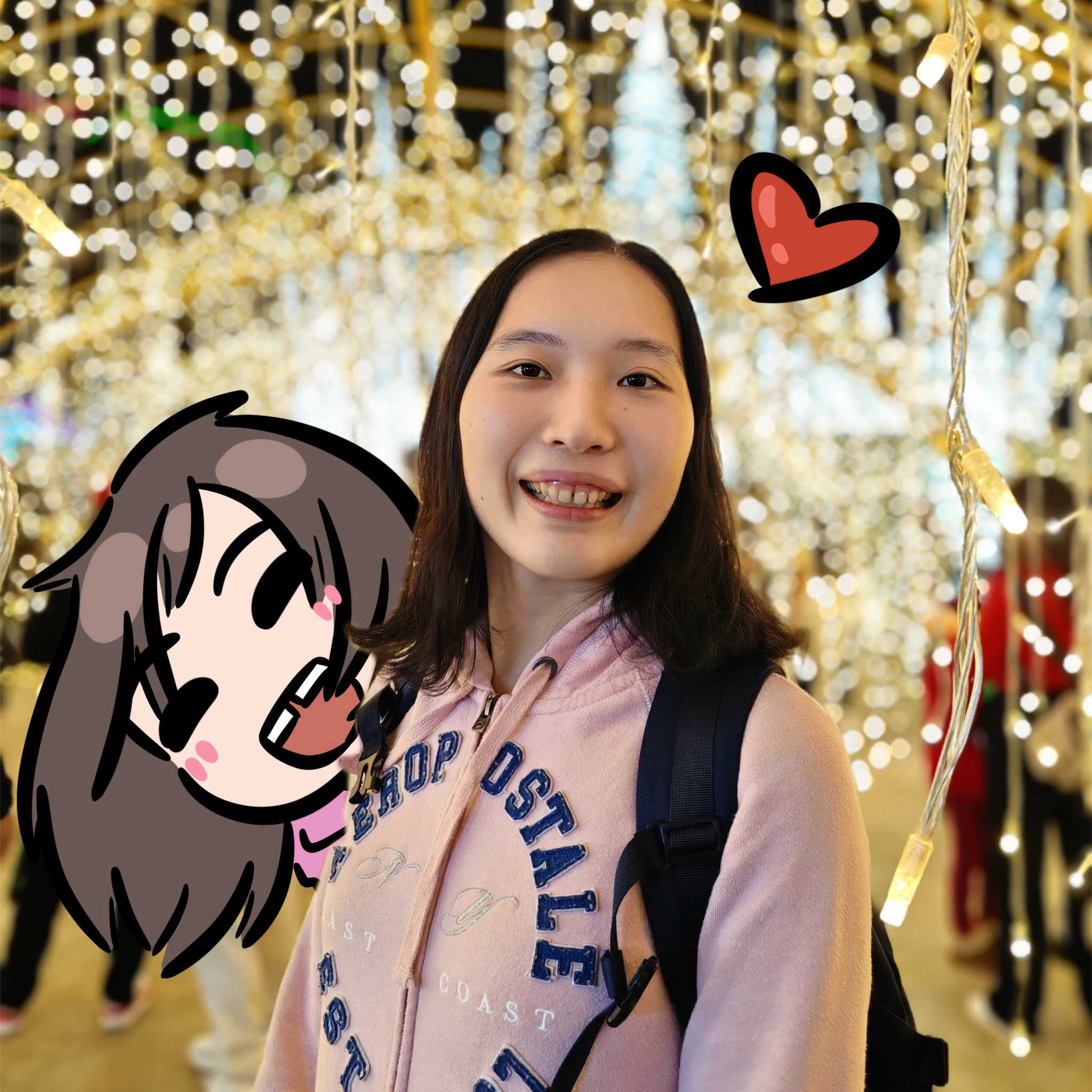 Winnie smiles; the background is bright with twinkle lights. She wears a pink top; a drawn version of herself is to the left.