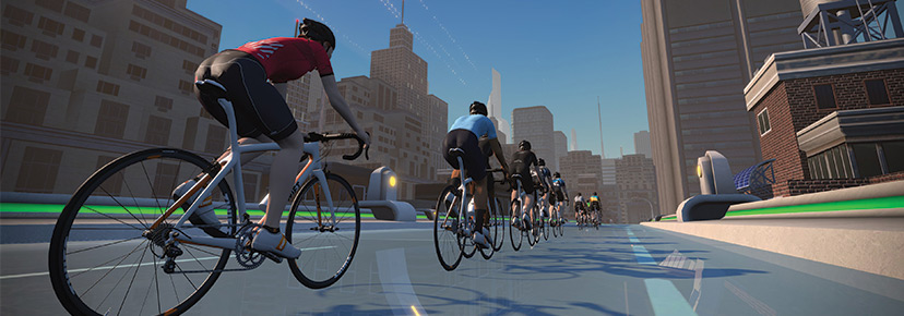 A digital illustration of a team of bicyclists speeding down a clear city street with tall buildings flanking either side.