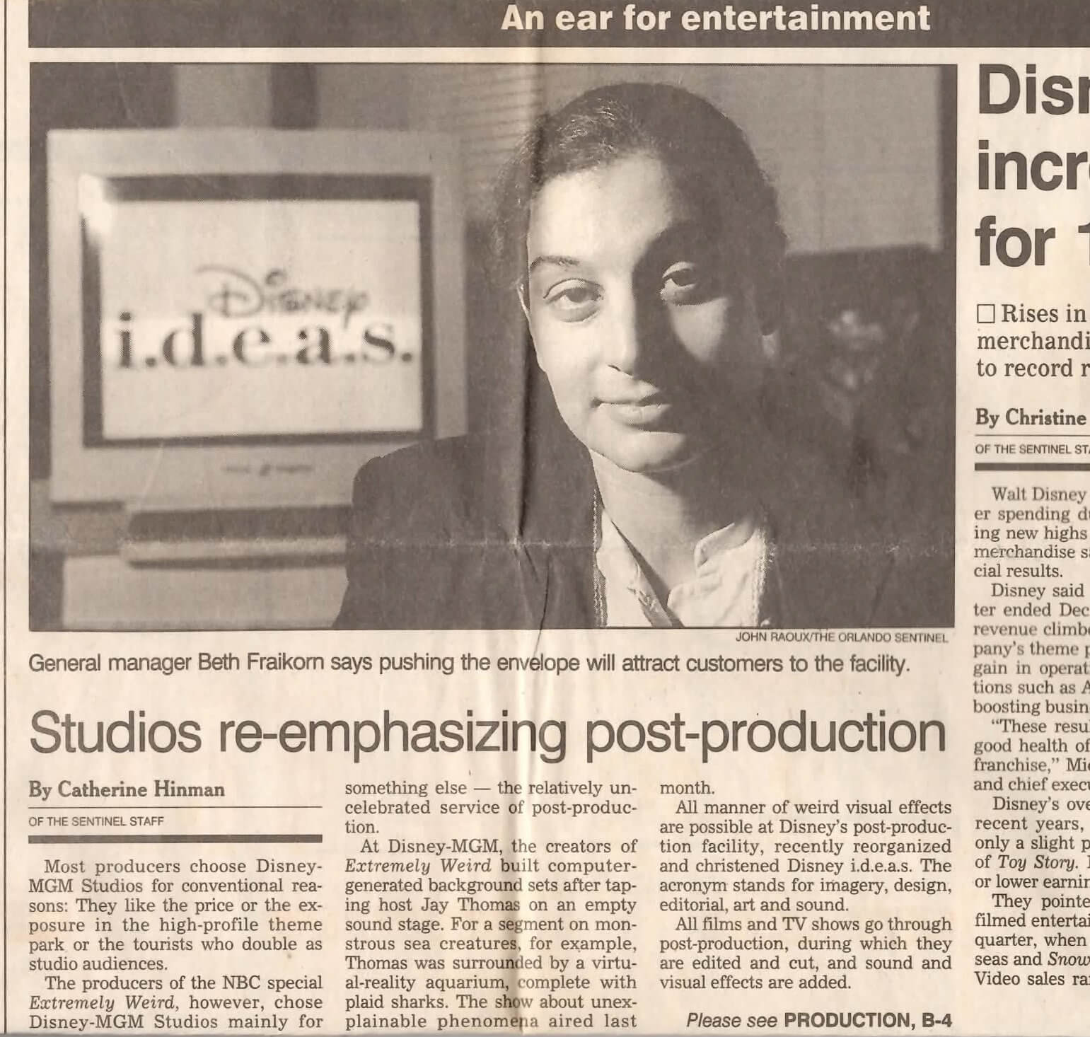 A newspaper clipping shows a picture of Beth alongside the Disney I.D.E.A.S. logo. The caption lists her as the general manager manager.