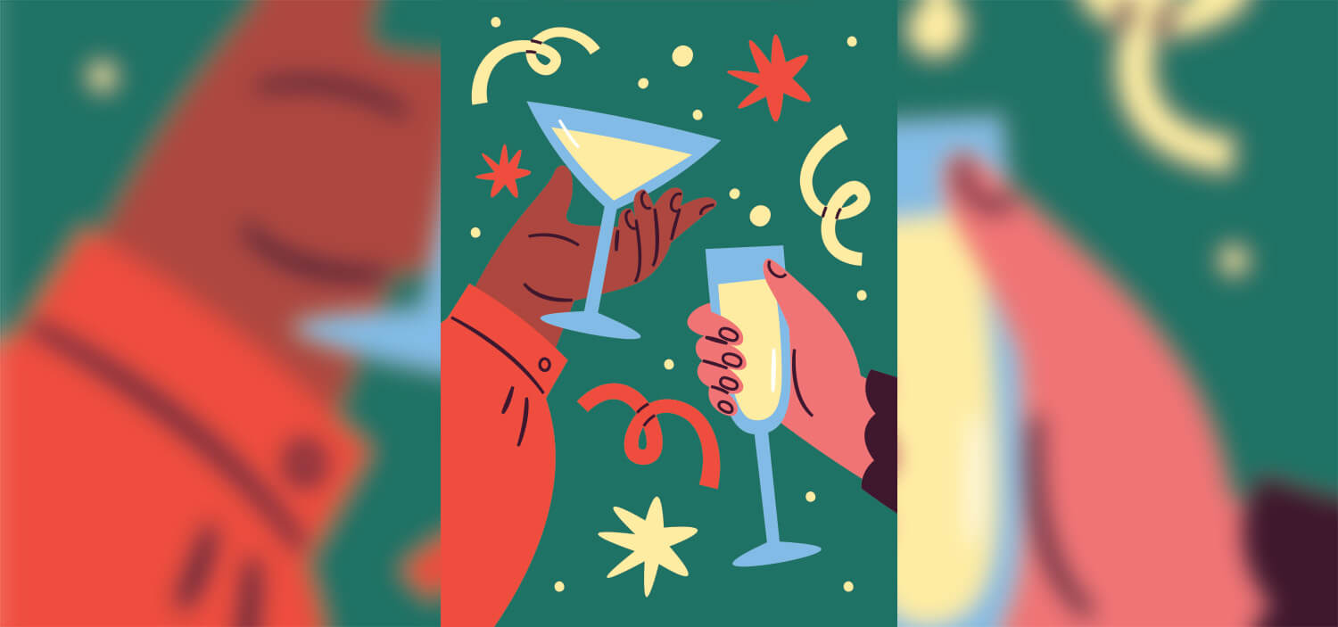 Vector Illustration of two hands clinking glasses of different spirits.